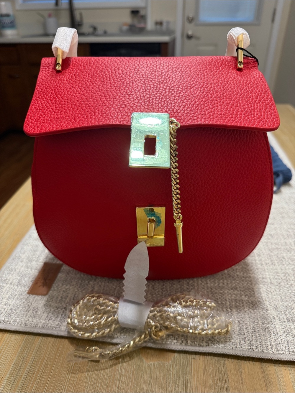 Red Leather Crossbody Bag with Gold Hardware - - Picture 6 of 8